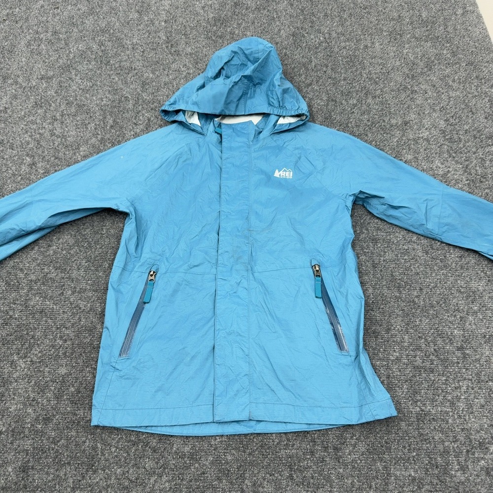 REI Co-op Rain Jacket Kids Medium Blue Recycled Nylon Hooded Lightweight Outdoor